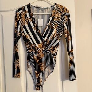 Charlotte Russe Black and Gold Striped Bodysuit